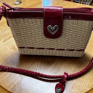 Brighton woven straw bag, red trim with all silver and heart fittings